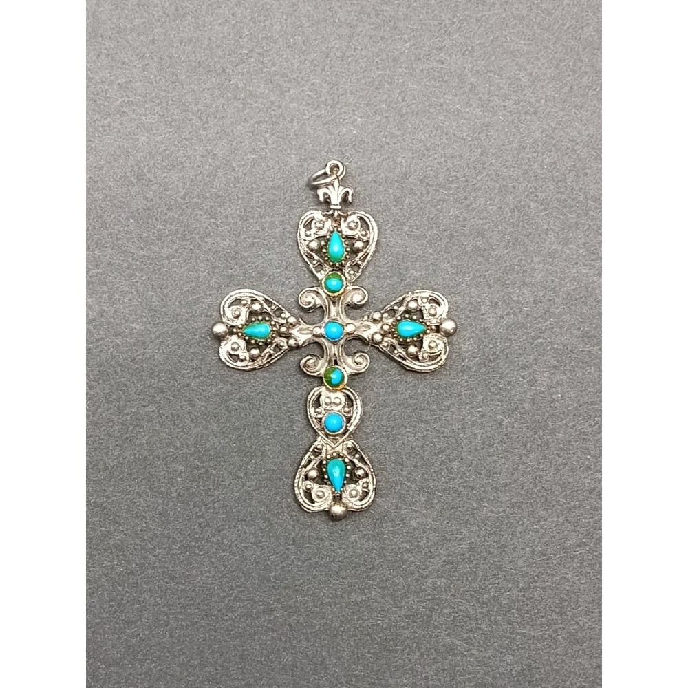 Vintage ROMA Faux Turquoise Ornate Cross Pendant Necklace Silver Plate Gothic.